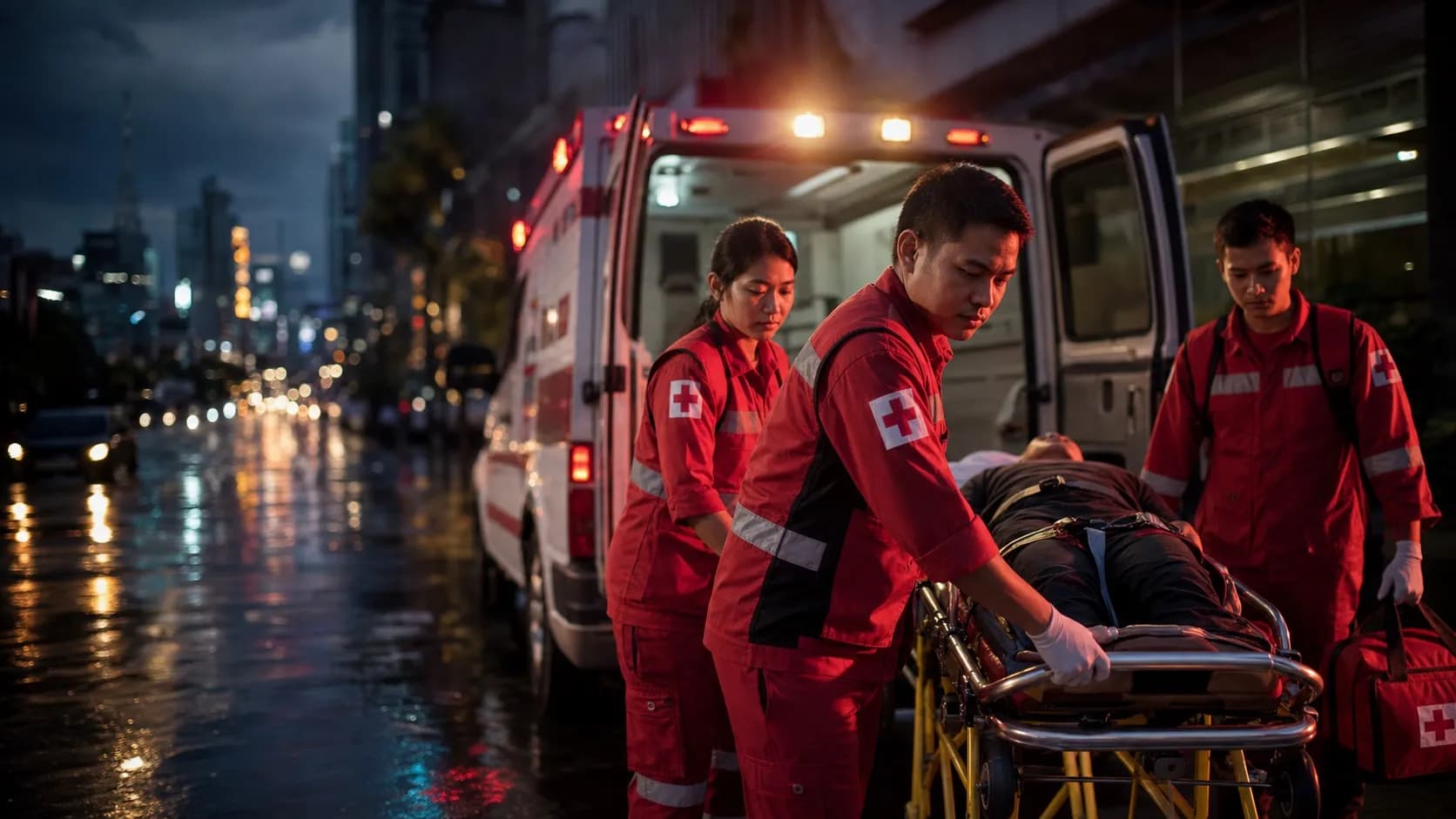 Petugas pertolongan pertama PMI menangani pasien di jalan kota Jakarta di samping ambulans.