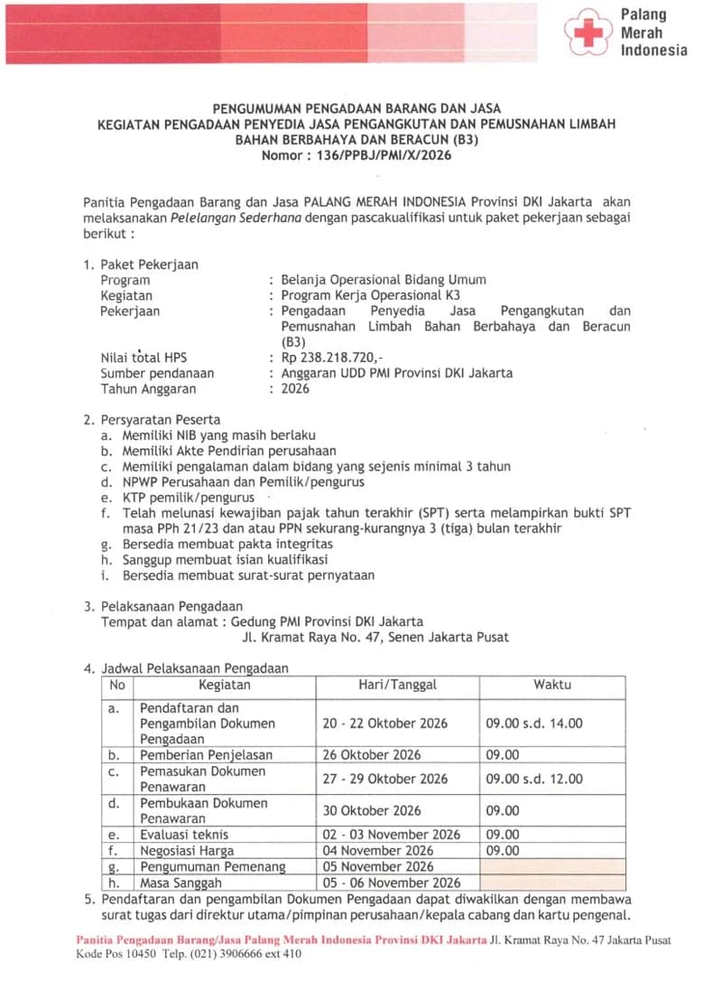 Lelang Pengadaan Jasa Angkutan dan Pemusnahan Limbah B3